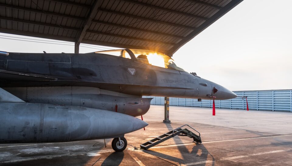 Close up under aircraft military parking is port check and Maintenace after fly by park against sun