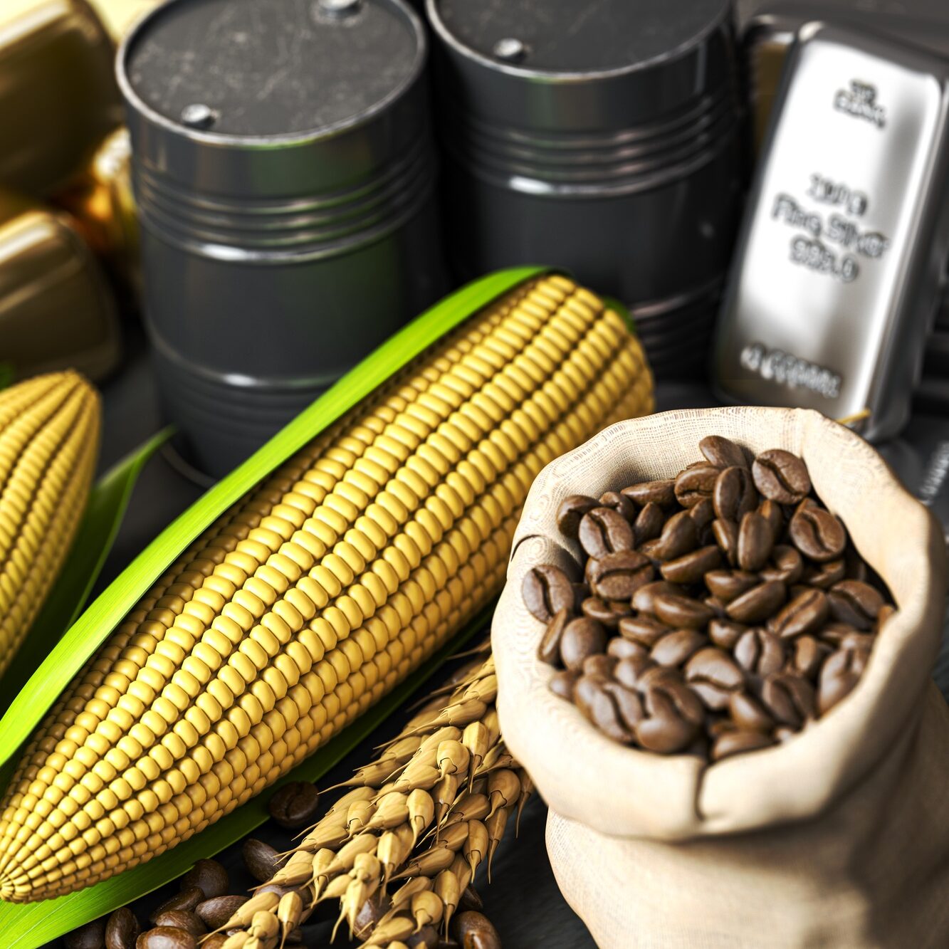 Commodities. Crude oil, gold, silver, palladium, wheat corn and coffee beans.