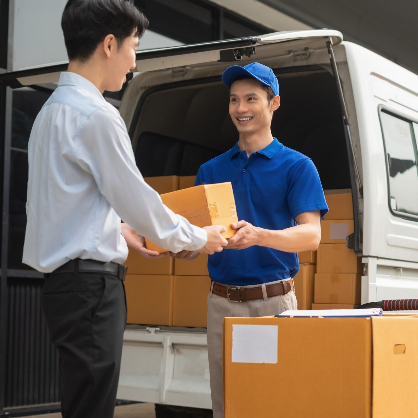 Concept of e-commerce, logistics, and fast courier service for secure package handling.