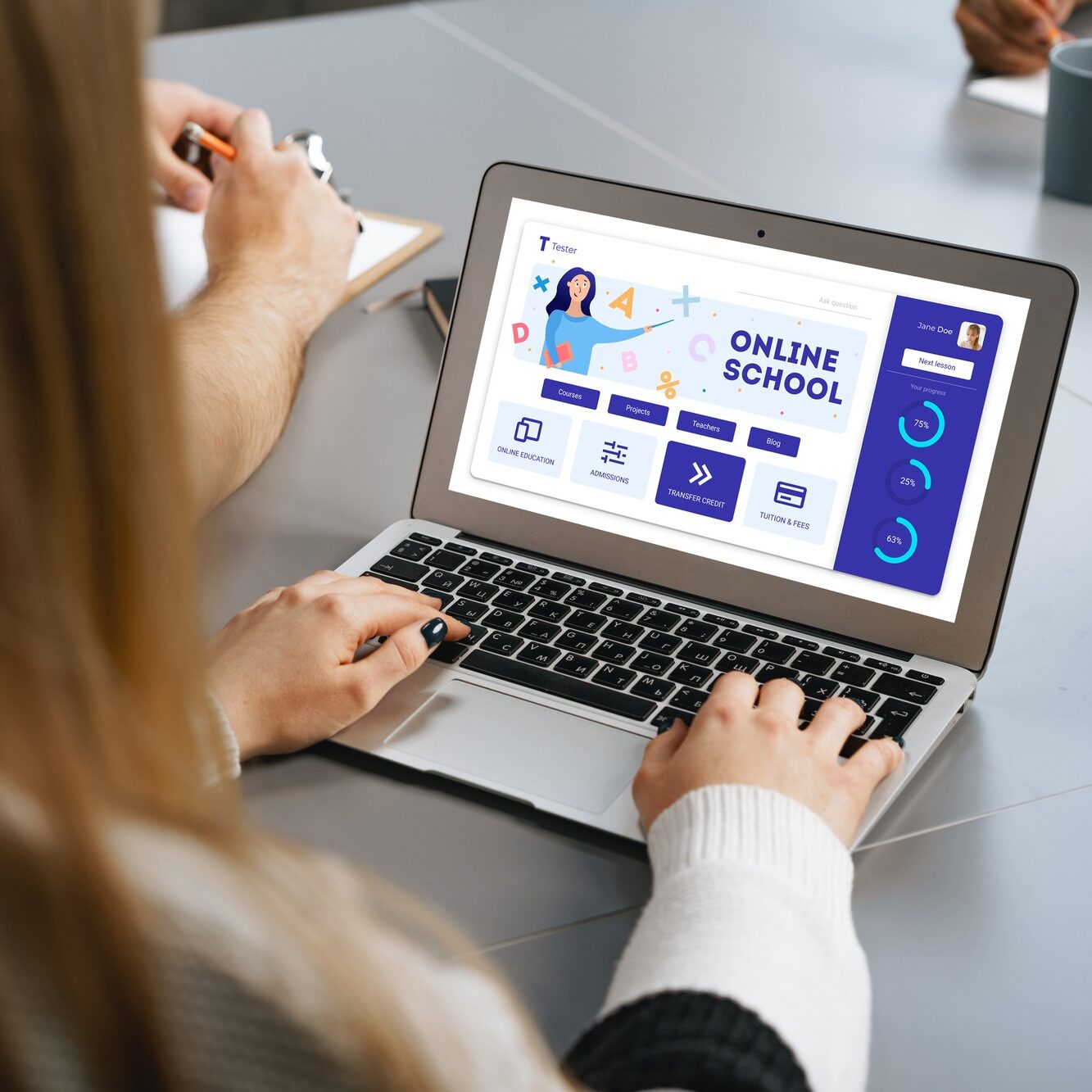 Girl student e-learning distance training course, study at home on laptop