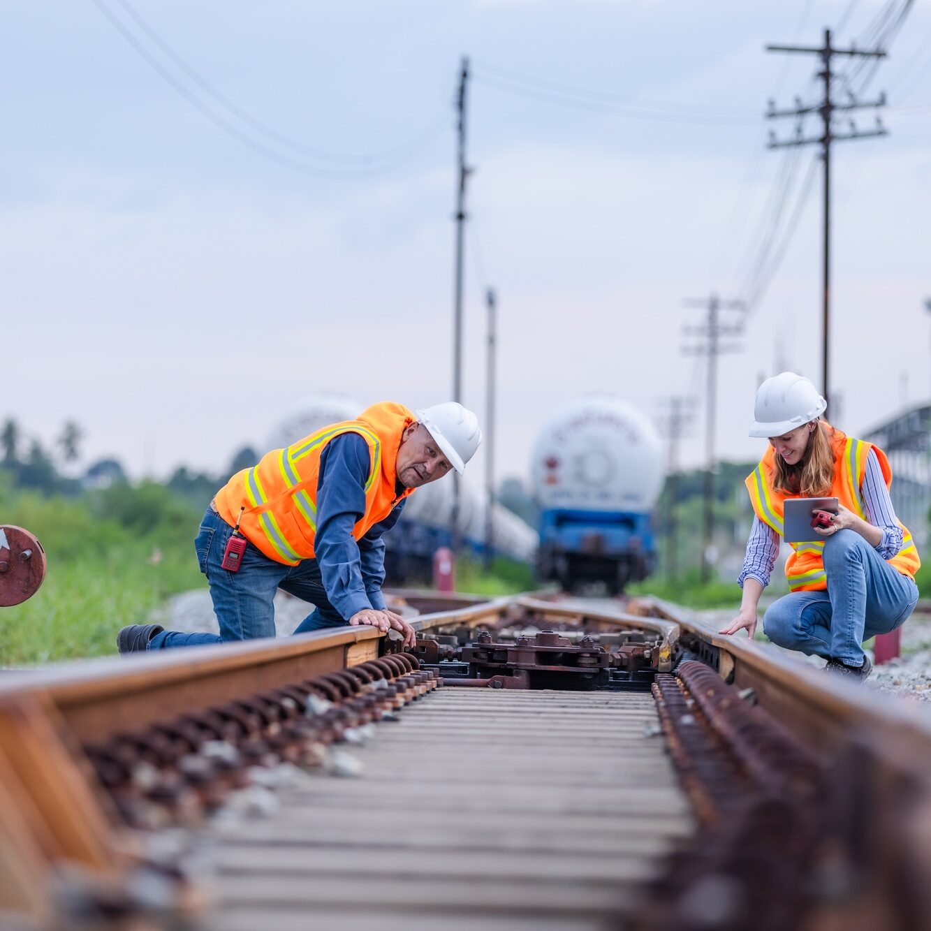 Railway Workers Performing Track Maintenance - Safety Inspection, Rail Infrastructure